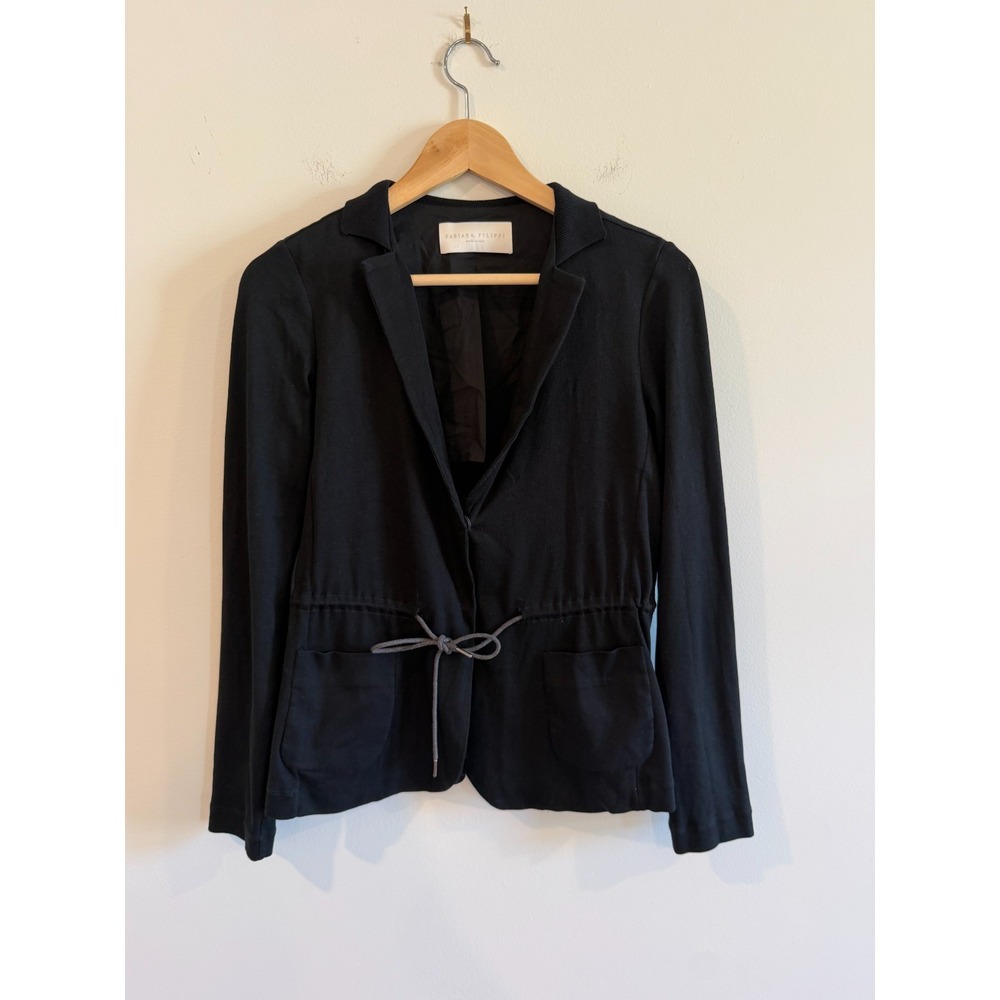 Fabiana Filippi Women's Knit Cotton Cardigan Drawstring Waist Small Black Snap